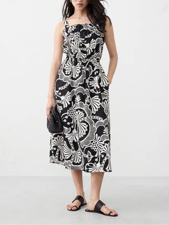 Banana Republic Factory Dresses & Skirts - Banana Republic Factory B&W Poplin Elastic Floral-Print Midi Dress Size XXL NWT